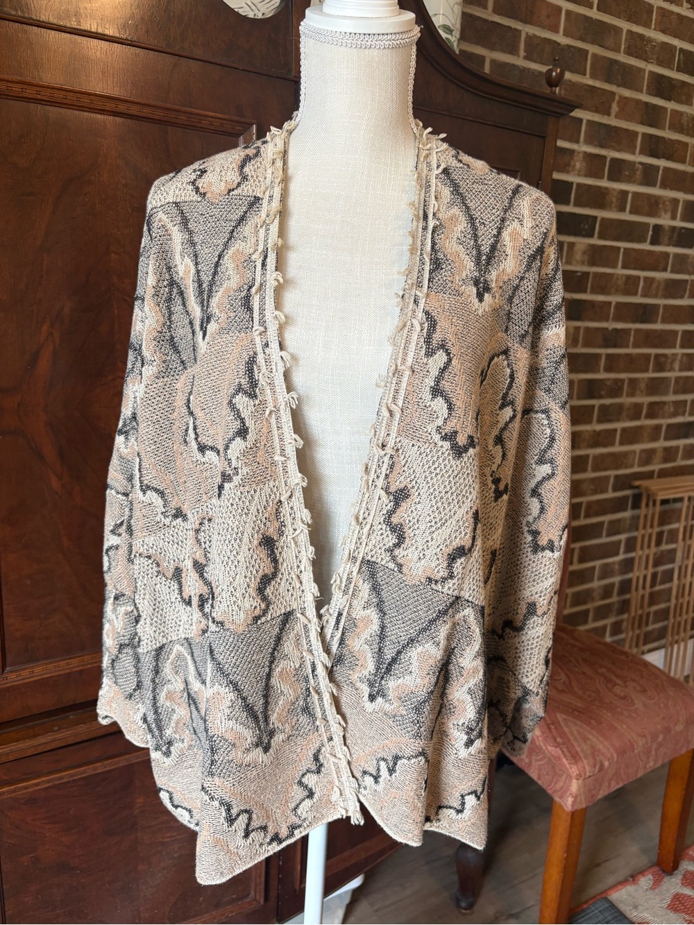 Free People Beige, Gray and Cream Abstract Open-Front Shrug